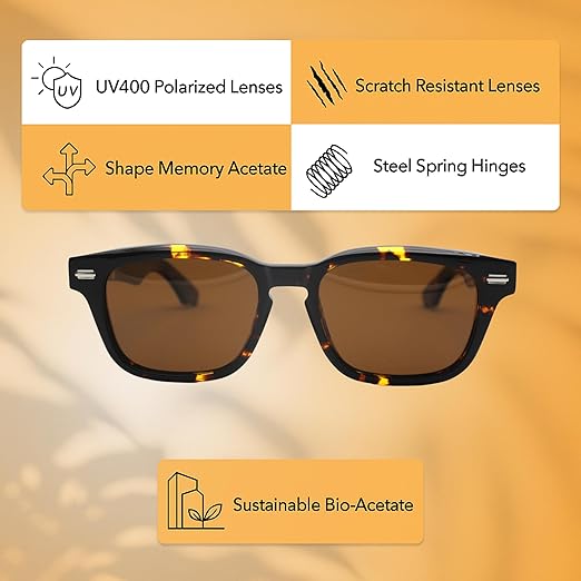 KIAURA Kaufmann Polarized Sunglasses, UV400 Protection, Memory Acetate Frames, XL & Original Sizes